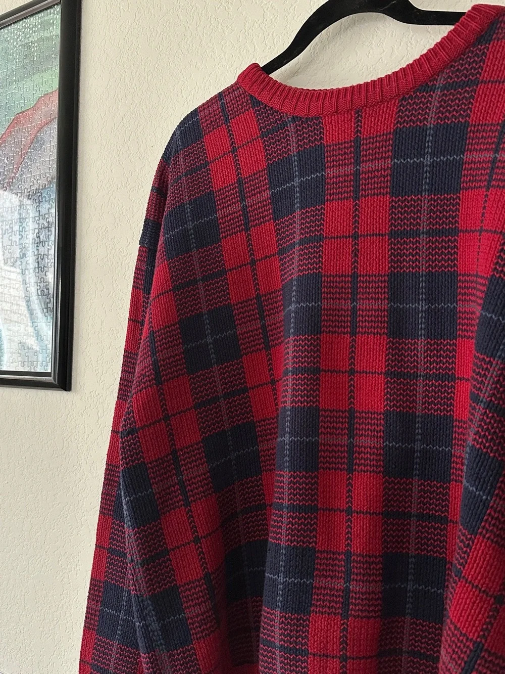 VINTAGE JOHN ASHFORD RED & NAVY PLAID CREWNECK SWEATER — MEN’S